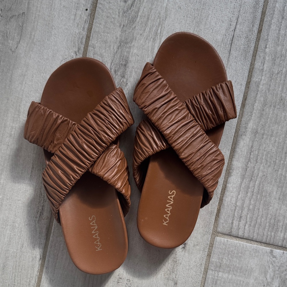 Kaanas Chocolate Brown Ruched Cross-Strap Slide Sandals